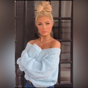 Fashion Nova Light Blue Off-Shoulder Chunky Knit Sweater